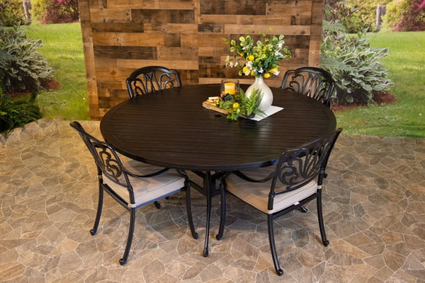 DWL Glenhaven Lynnwood Aluminum Patio Dining 66 Round Stone Harbor Slat Table with 4 Chairs