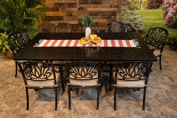DWL Glenhaven Lynnwood Outdoor Dining Aluminum 60x93 Stone Harbor Slat Table with 8 Chairs