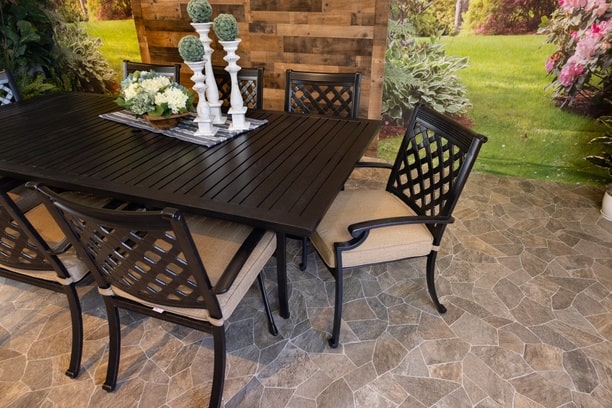 DWL Glenhaven Outdoor Aluminum Dining 46x93 Stone Harbor Table with 8 Dining Chairs
