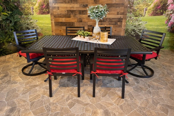 DWL Glenhaven Stone Harbor Aluminum Outdoor Dining 46x86 Weave Table with 4 Stationary and 2 Swivel Dining Chairs