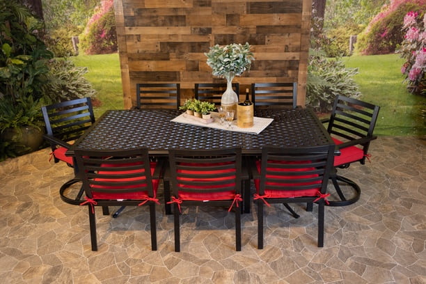 DWL Glenhaven Stone Harbor Aluminum Outdoor Dining 46x86 Weave Table with 6 Stationary and 2 Swivel Dining Chairs