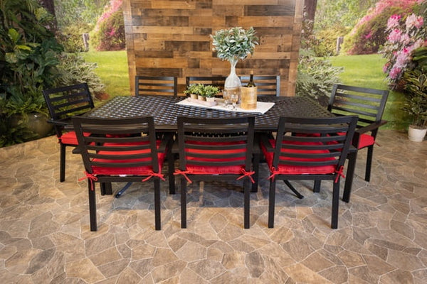DWL Glenhaven Stone Harbor Aluminum Outdoor Dining 46x86 Weave Table with 8 Dining Chairs