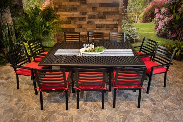 DWL Glenhaven Stone Harbor Aluminum Outdoor Dining 60x84 Weave Table with 10 Dining Chairs