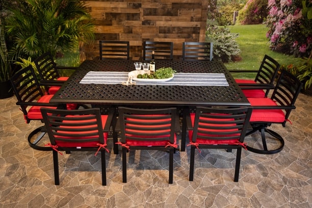 DWL Glenhaven Stone Harbor Aluminum Outdoor Dining 60x84 Weave Table with 6 Stationary and 4 Swivel Chairs