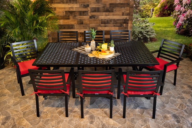 DWL Glenhaven Stone Harbor Aluminum Outdoor Dining Weave Extension Table with 8 Slat Dining Chairs