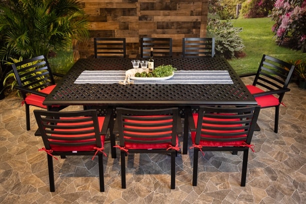 DWL Glenhaven Stone Harbor Aluminum Patio Dining 60x84 Weave Table with 8 Dining Chairs