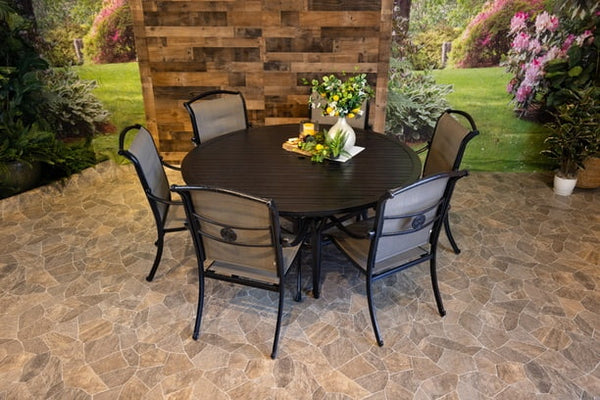 DWL Glenhaven Vienna Sling Aluminum Outdoor Dining 66 Round Slat Stone Harbor Table with 6 Dining Chairs