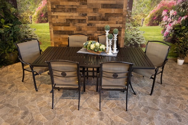 DWL Glenhaven Vienna Sling Patio Dining 46x93 Stone Harbor Slat Table with 6 Dining Chairs