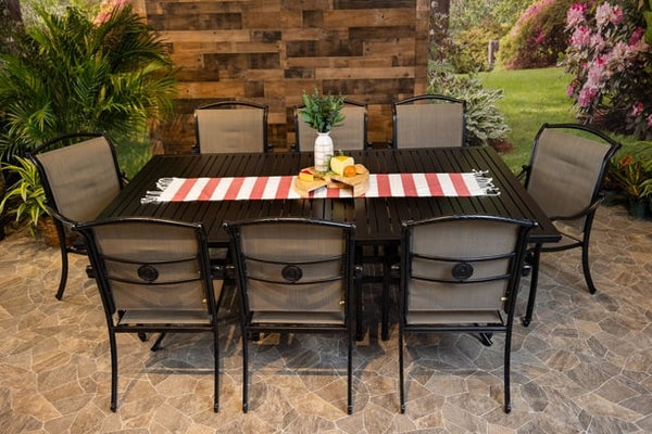 DWL Glenhaven Vienna Sling Aluminum Patio Dining 60x93 Stone Harbor Slat Table with 8 Dining Chairs