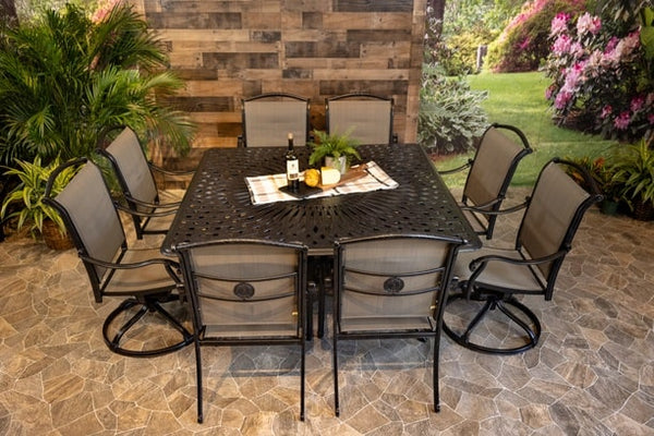 DWL Glenhaven Vienna Sling Aluminum Patio Dining 64x64 Square Chelsea Table 4 Stationary and 4 Swivel Dining Chairs