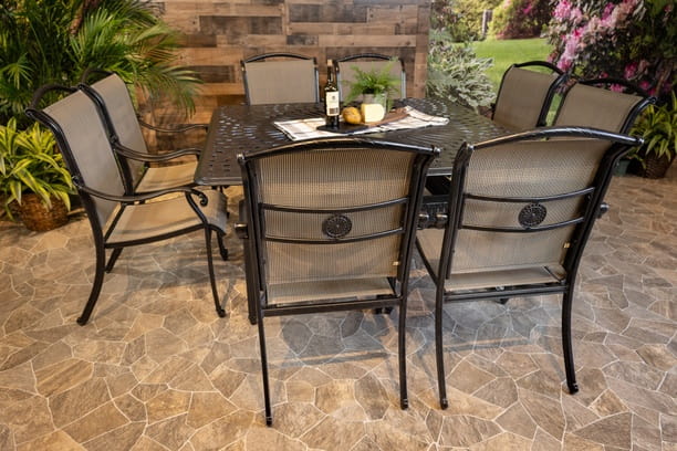 DWL Glenhaven Vienna Sling Aluminum Patio Dining 64x64 Square Chelsea Table with 8 Sling Dining Chairs