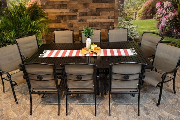 DWL Glenhaven Vienna Sling Aluminum Patio Table 60x93 Stone Harbor Table with 10 Dining Chairs