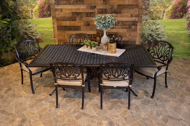 DWL Lynnwood Aluminum Outdoor Dining 46x86 Weave Table with 6 Dining Chairs