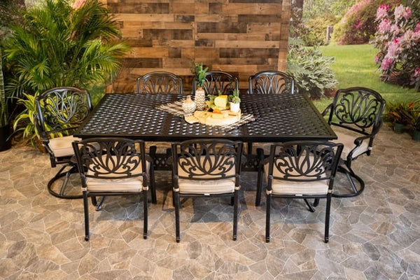 DWL Lynnwood Aluminum Outdoor Dining Weave Extendable Table with 6 Stationary and 2 Swivel Dining Chairs