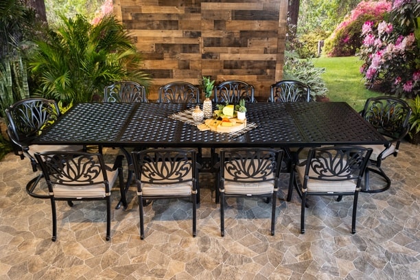 DWL Lynnwood Aluminum Outdoor Dining Weave Extendable Table with 8 Stationary and 2 Swivel Dining Chairs