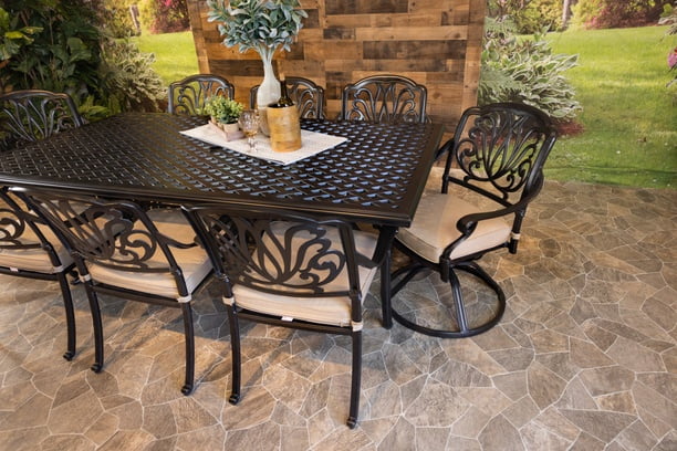 DWL Lynnwood Aluminum Patio Dining 46x86 Weave Table with 6 Stationary and 2 Swivel Dining Chairs