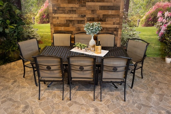 DWL Vienna Sling Aluminum 9-Piece Outdoor Dining 46x86 Weave Table with 8 Dining Chairs