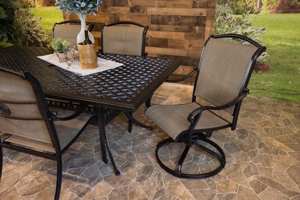 DWL Vienna Sling Aluminum Patio Dining 46x86 Weave Table 4 Stationary and 2 Swivel Dining Chairs