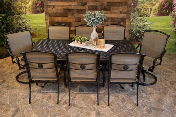 DWL Vienna Sling Aluminum Patio Dining 46x86 Weave Table with 6 Stationary and 2 Swivel Dining Chairs