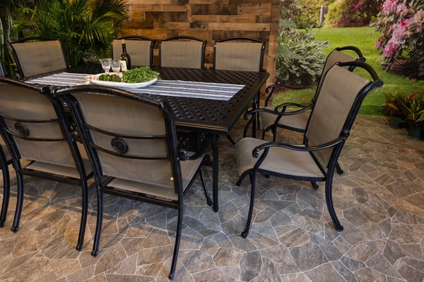 DWL Vienna Sling Aluminum Patio Dining 60x84 Weave Table with 10 Dining Chairs
