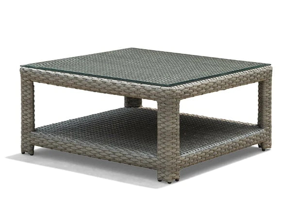 erwin and sons southampton all weather wicker aluminum frame outdoor patio seating chat table square storage shelf glass top