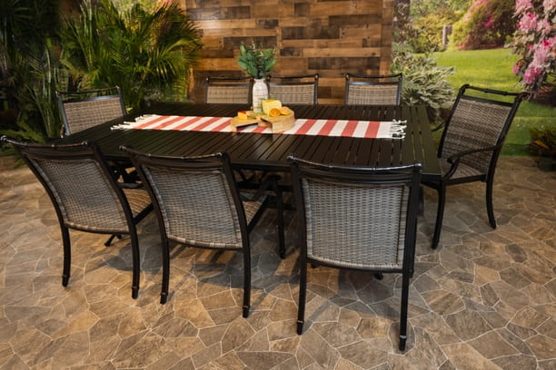 Glenhaven Bimini 9 Piece Aluminum Outdoor Dining 60x93 Stone Harbor Slat Table with 8 Dining Chairs