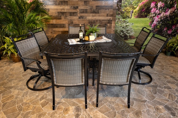 Glenhaven Bimini 9 Piece Aluminum Outdoor Dining 64 Square Chelsea Table with 4 Stationary and 4 Swivel Dining Chairs