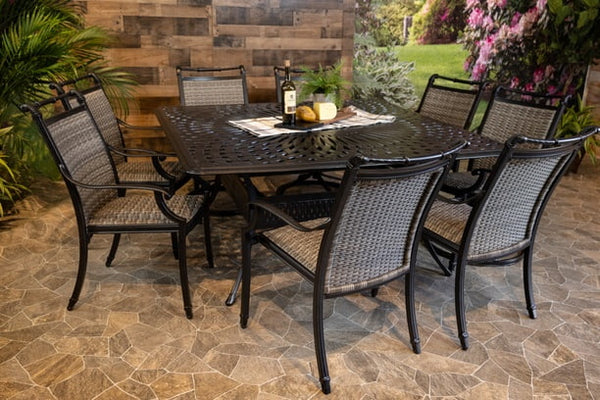 Glenhaven Bimini 9 Piece Aluminum Outdoor Dining 64 Square Chelsea Table with 8 Dining Chairs