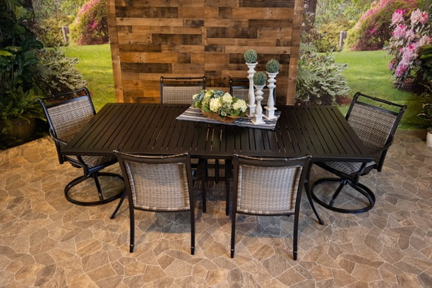 Glenhaven Bimini Aluminum Outdoor Dining 46x93 Stone Harbor Table with 4 Stationary and 2 Swivel Dining Chairs