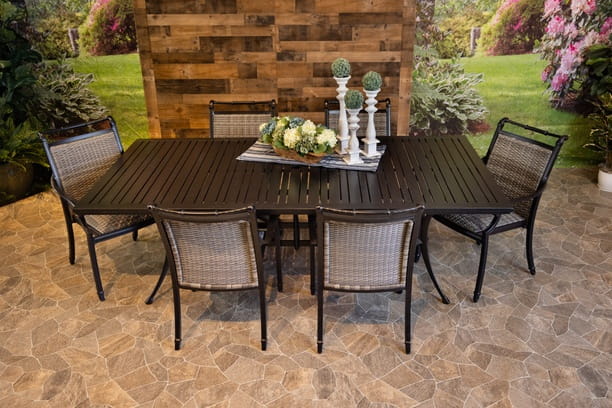 Glenhaven Bimini Aluminum Outdoor Dining 46x93 Stone Harbor Table with 6 Wicker Dining Chairs