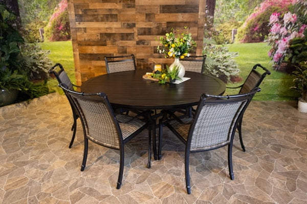 Glenhaven Bimini Aluminum Outdoor Dining 66 Round Stone Harbor Table with 6 Dining Chairs
