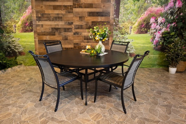 Glenhaven Bimini Aluminum Outdoor Dining Table 66 Round Stone Harbor Table with 4 Dining Chairs