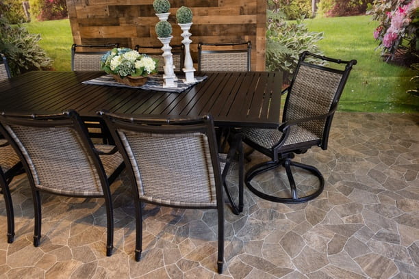 Glenhaven Bimini Aluminum Patio Dining 46x93 Stone Harbor Table with 6 Stationary and 2 Swivel Dining Chairs
