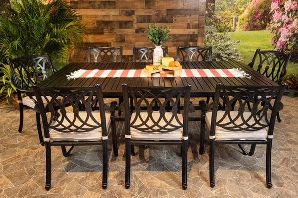 Glenhaven Chelsea 9 Piece Aluminum Outdoor Dining 60x93 Stone Harbor Slat Table with 8 Dining Chairs