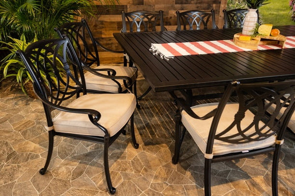 Glenhaven Chelsea Aluminum Outdoor Dining 60x93 Stone Harbor Slat Table with 10 Dining Chairs