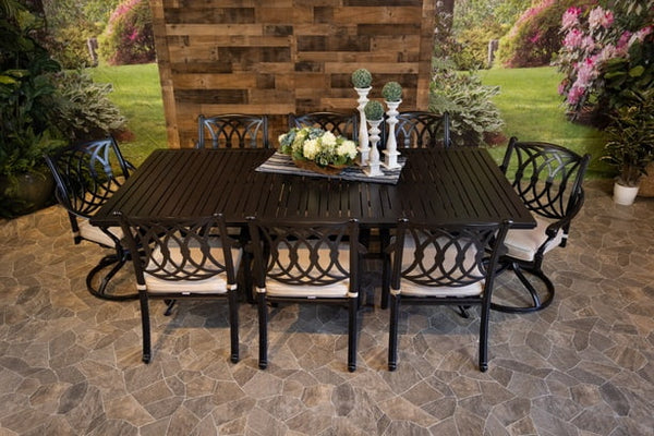 Glenhaven Chelsea Aluminum Patio Dining 46x93 Stone Harbor Dining Table 6 Stationary and 2 Swivel Dining Chairs