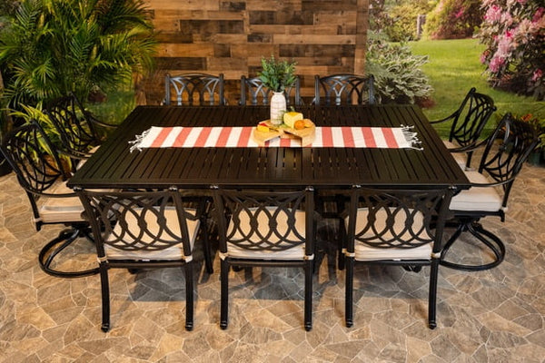 Glenhaven Chelsea Aluminum Patio Dining 60x93 Stone Harbor Slat Table with 6 Stationary and 4 Swivel Chairs