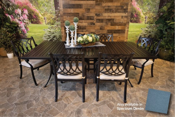 Glenhaven Chelsea Outdoor Patio Dining 46x93 Stone Harbor Slat Table with 6 Dining Chairs with Sunbrella Cushions in Spectrum Denim