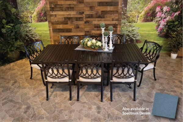 Glenhaven Chelsea Outdoor Patio Dining 46x93 Stone Harbor Slat Table with 8 Dining Chairs with Sunbrella Cushions in Spectrum Denim