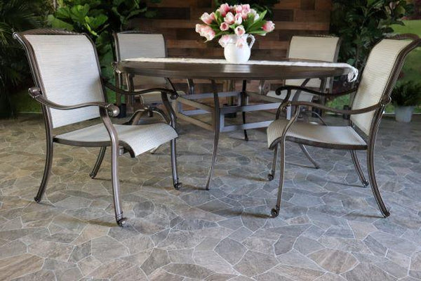 glenhaven home and garden baymont aluminum PVC sling dining patio outdoor chairs arm table