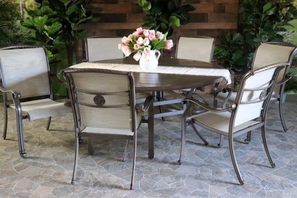 glenhaven home and garden baymont aluminum PVC sling outdoor dining patio set slat table dining chairs six