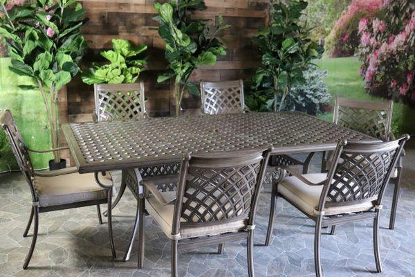 glenhaven home and garden chateau 2 aluminum oakcrest patio outdoor dining weave table top six dining chairs