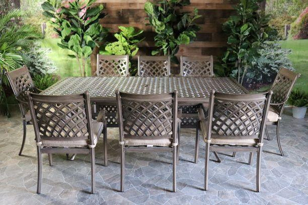 glenhaven home and garden chateau 2 aluminum oakcrest patio outdoor dining table set weave top dining chairs eight