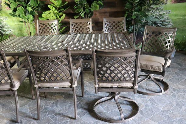 glenhaven home and garden chateau 2 aluminum oakcrest patio outdoor dining weave table dining chair swivel eight chairs