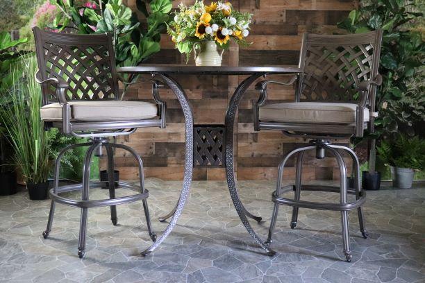 glenhaven home and garden chateau 2 aluminum oakcrest outdoor patio bar stools high top table sunbrella cushions