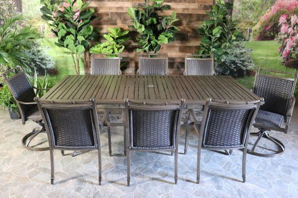 glenhaven home and garden maxwell aluminum wicker aruba patio dining outdoor table slat dining chairs swivel