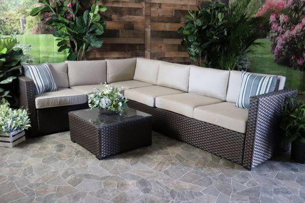 glenhaven home and garden portofino wicker outdoor seating sectional coffee table sunbrella cast ash