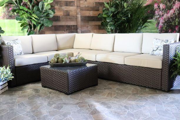 glenhaven home and garden portofino wicker seating outdoor patio oatmeal sectional and coffee table