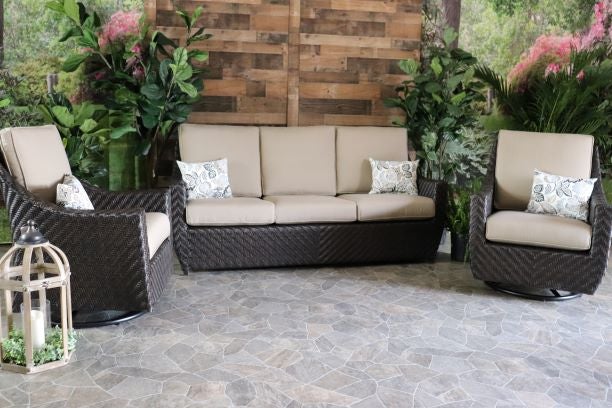 glenhaven home and garden sumerset wicker patio outdoor seating swivel rockers sofa sunbrella
