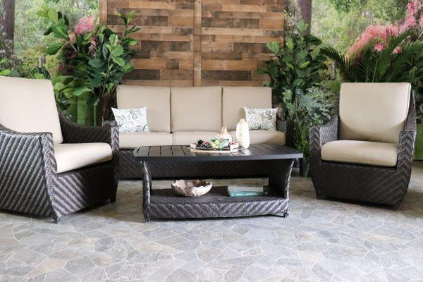 glenhaven home and garden sumerset wicker outdoor patio seating sofa swivel rocker club chair coffee table sunbrella